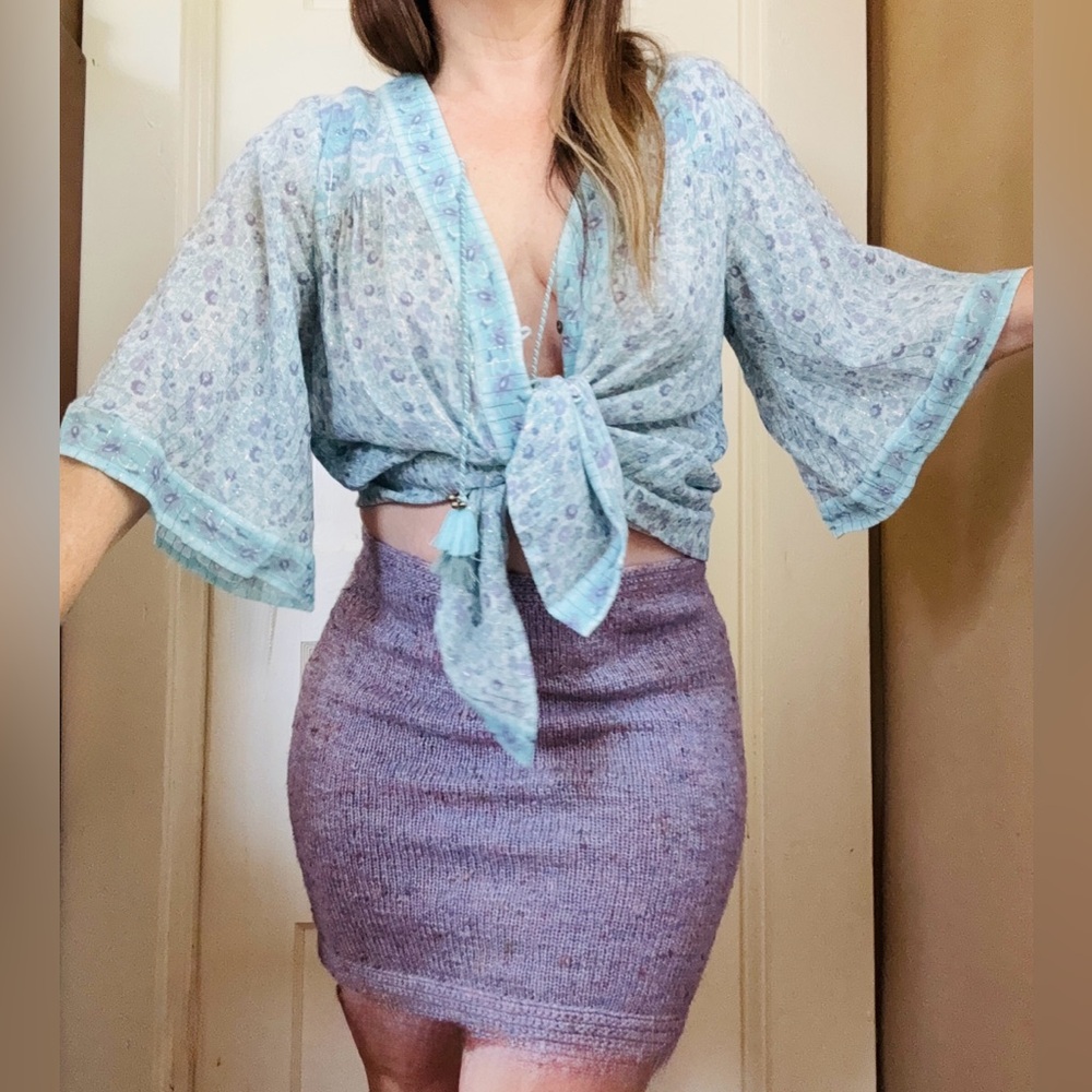 Vintage Mini Skirt / Knit Top in Lavender subtle blue yellow pink taupe confetti